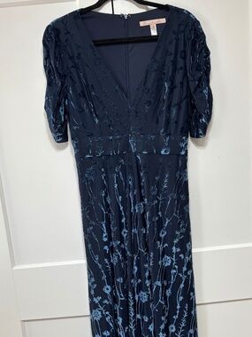 Anthropologie Hutch Puff-Sleeve Navy Blue Velvet Burnout Dress - Sz 8